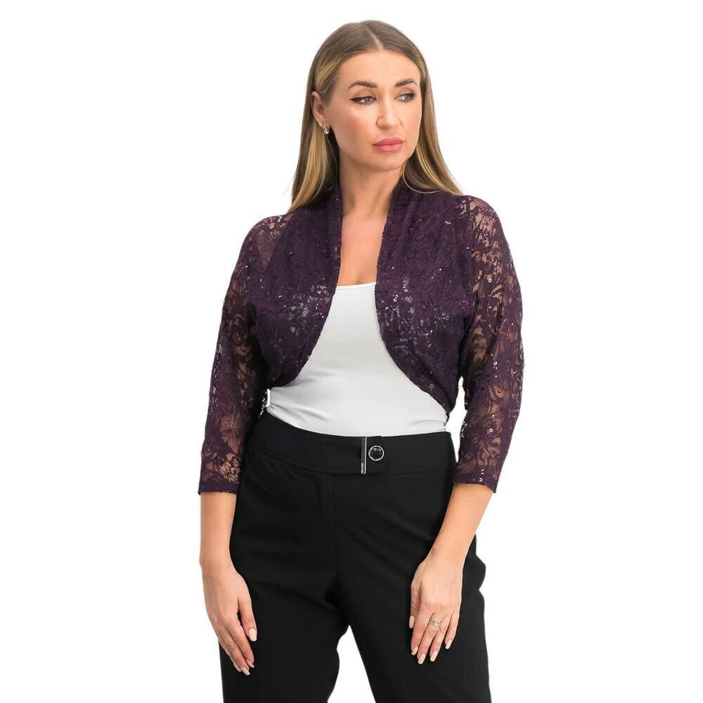 Tahari ASL L Purple Lace Shrug Cardigan Sequins Evening Event Prom Wedding